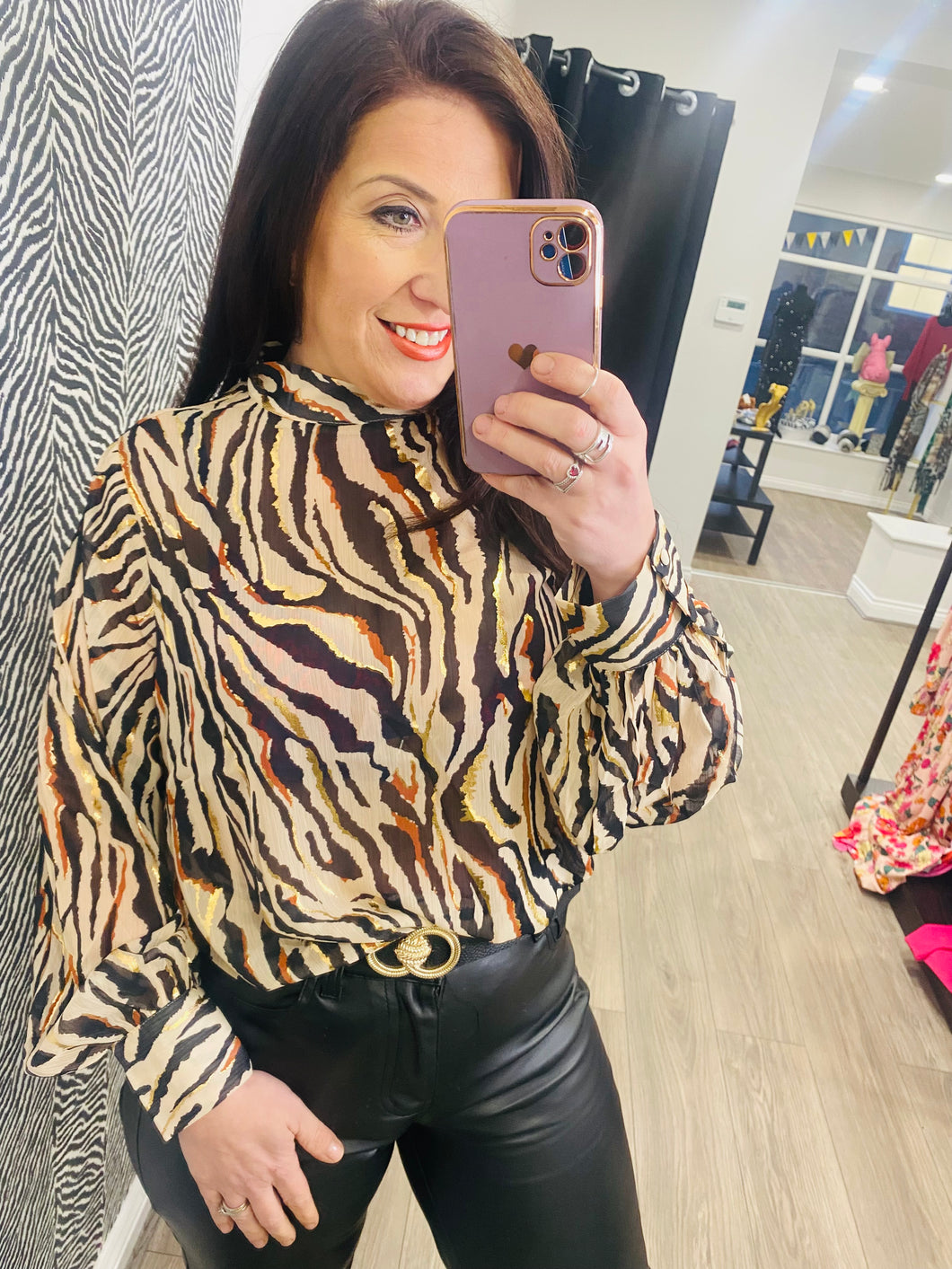 Zebra Blouse with Gold Foil Detail