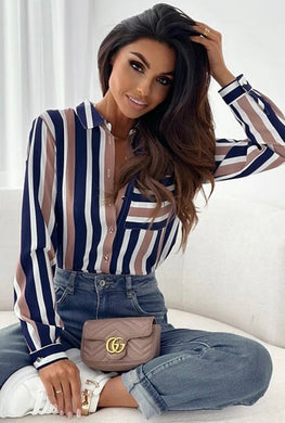 Shayla Striped Pocket Blouse Navy and Peach